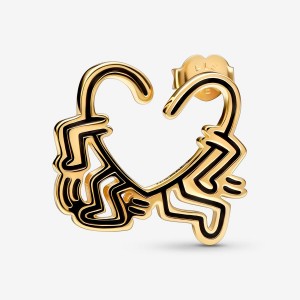 Gold Plated Pandora Keith Haring x Walking Heart Stud Earrings | GYFERN-073