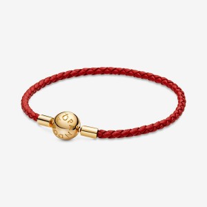 Gold Plated Pandora Moments Red Woven Leather Charm Bracelets | JUQYXA-502