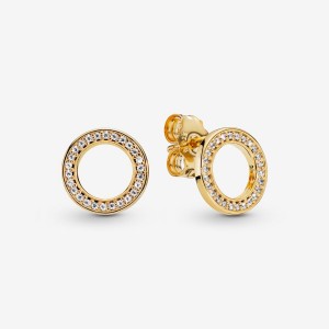 Gold Plated Pandora Sparkling Circles Stud Earrings | MJXLUN-967