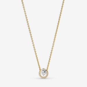 Gold Plated Pandora Sparkling Round Halo Collier Pendant Necklaces | ZAVMOU-745