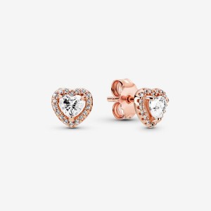 Rose Gold Plated Pandora Sparkling Elevated Hearts Stud Earrings | XEGMUR-154