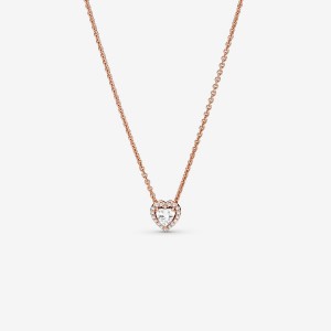 Rose Gold Plated Pandora Sparkling Heart Collier Pendant Necklaces | YSKDWR-213