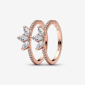 Rose Gold Plated Pandora Sparkling Marquise Double Wishbone Ring Sets | UFZPCD-864