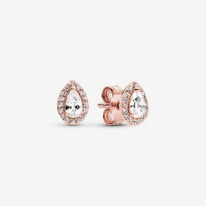 Rose Gold Plated Pandora Teardrop Halo Stud Earrings | HTJZIC-345