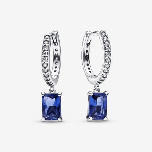 Sterling Silver Pandora Blue Rectangular Sparkling Hoop Earrings | OFDWNV-650