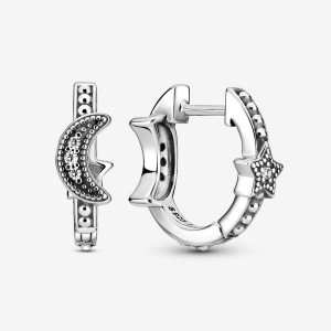 Sterling Silver Pandora Crescent Moon & Stars Beaded Hoop Earrings | UXRKQG-432