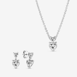 Sterling Silver Pandora Double Heart Pendant Sparkling Collier Necklace Pendant Necklaces | ROBWYV-352