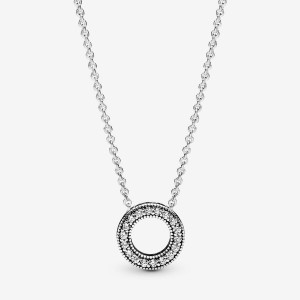 Sterling Silver Pandora Logo Pavé Circle Collier Chain Necklaces | RDBLPS-028