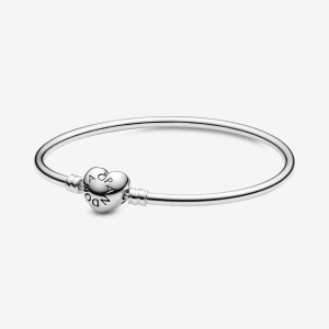 Sterling Silver Pandora Moments Heart Clasp Bangle Charm Bracelets | SEGHMF-751