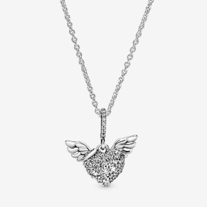 Sterling Silver Pandora Pavé Heart and Angel Wings Pendant Necklaces | QKBTEG-371