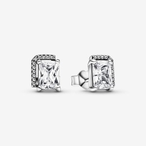 Sterling Silver Pandora Rectangular Sparkling Halos Stud Earrings | GTZFOU-065