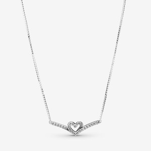 Sterling Silver Pandora Sparkling Wishbone Heart Collier Pendant Necklaces | FNOKYD-451