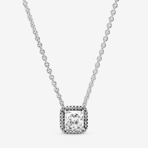 Sterling Silver Pandora Square Sparkle Halo Chain Necklaces | CDLIPF-310