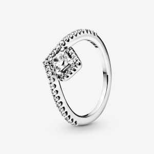 Sterling Silver Pandora Square Sparkle Wishbone Statement Rings | GJFLDM-174