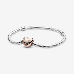 Two-tone Pandora Moments Heart Clasp Snake Charm Bracelets | HLZKRF-298