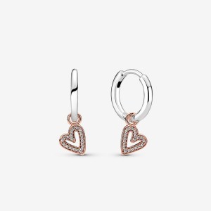 Two-tone Pandora Sparkling Freehand Heart Hoop Earrings | MKJDRH-678