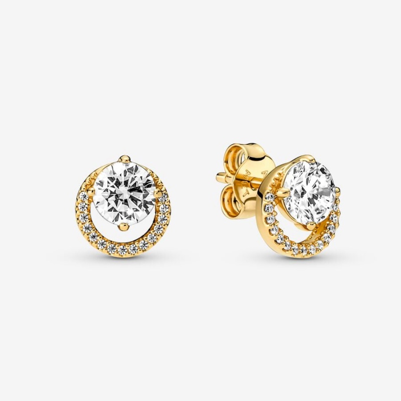 Gold Pandora Sparkling Round Halo Jewelry Gift Set Stud Earrings | HOEXLI-193