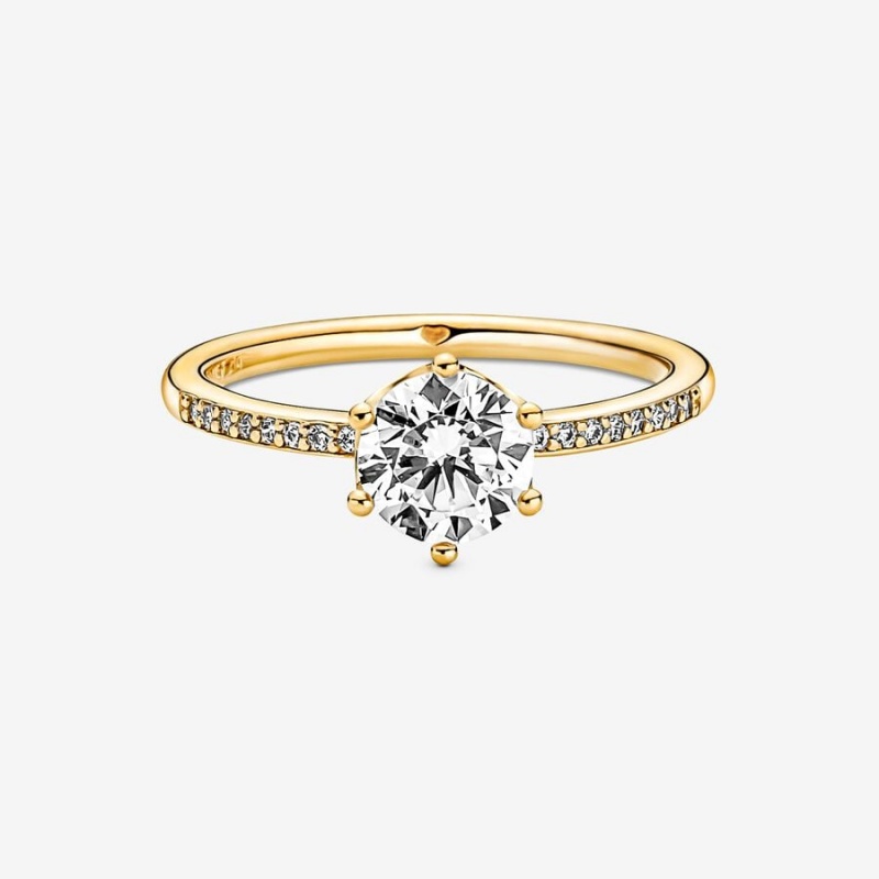 Gold Plated Pandora Clear Sparkling Crown Solitaire Heart & Promise Rings | MTGFIS-758