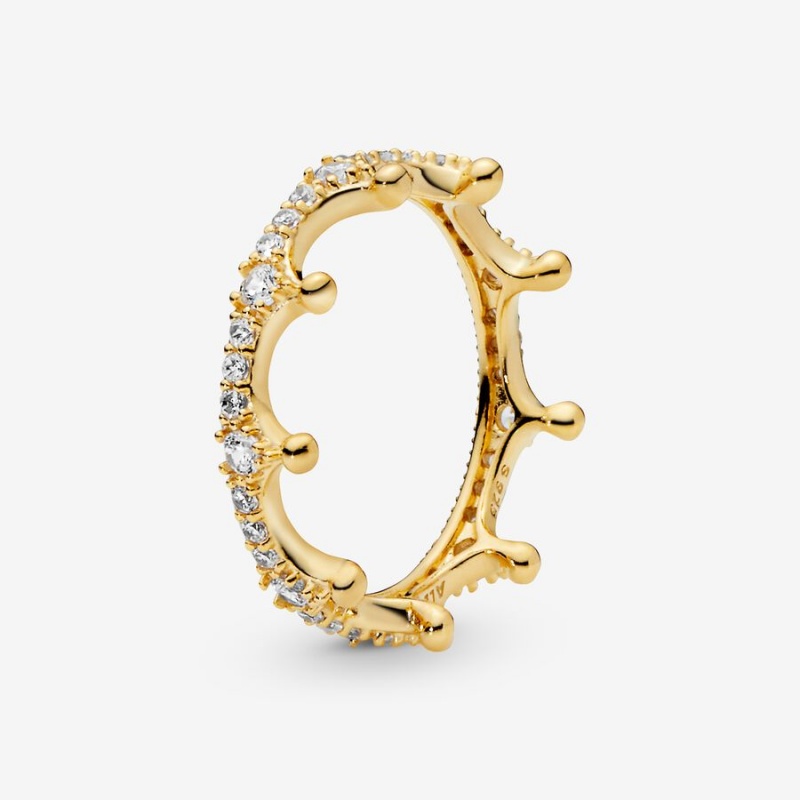 Gold Plated Pandora Clear Sparkling Crown Stackable Rings | OWEDSM-501