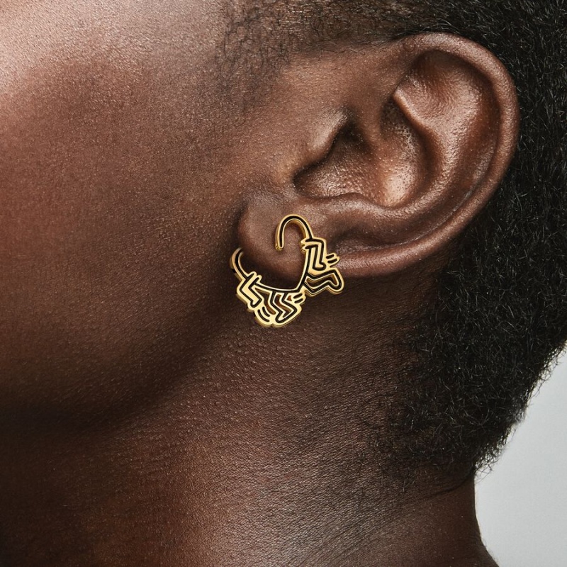 Gold Plated Pandora Keith Haring x Walking Heart Stud Earrings | GYFERN-073