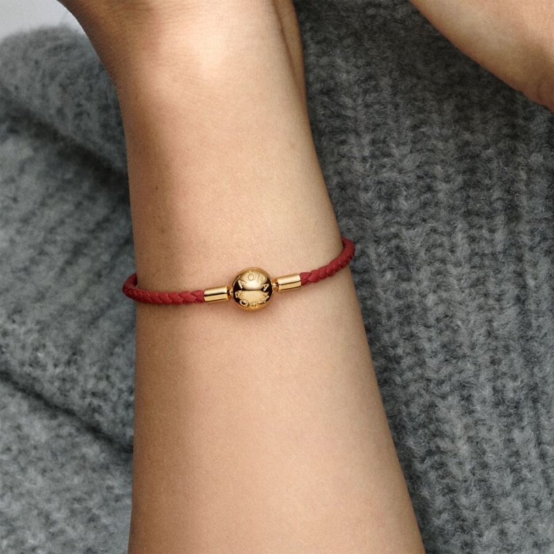 Gold Plated Pandora Moments Red Woven Leather Charm Bracelets | JUQYXA-502