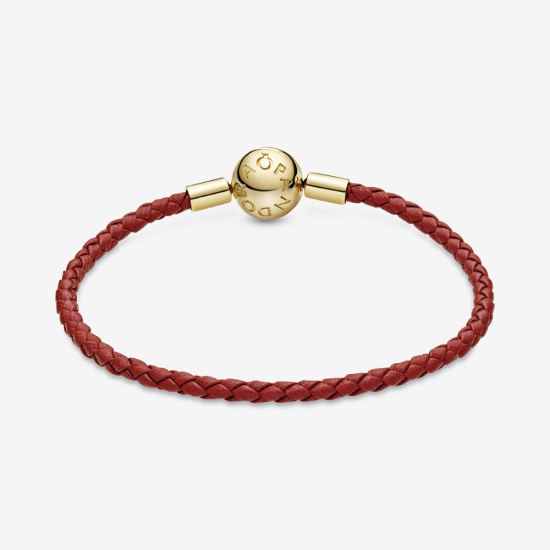 Gold Plated Pandora Moments Red Woven Leather Charm Bracelets | JUQYXA-502