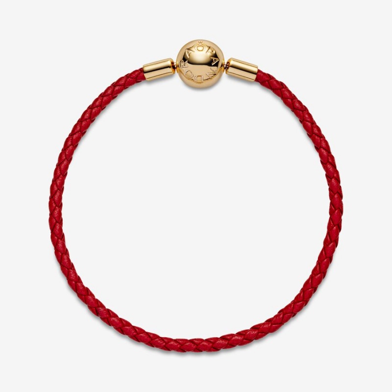 Gold Plated Pandora Moments Red Woven Leather Charm Bracelets | JUQYXA-502