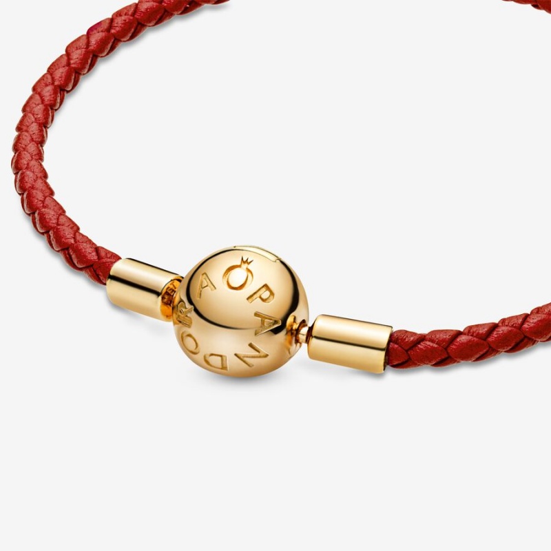 Gold Plated Pandora Moments Red Woven Leather Charm Bracelets | JUQYXA-502