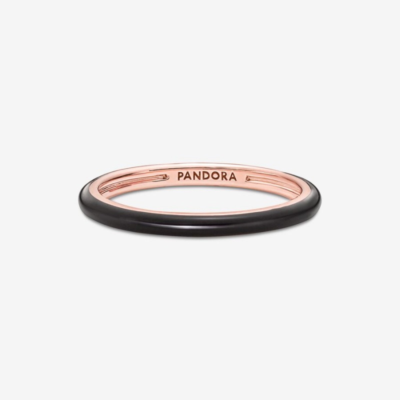 Rose Gold Plated Pandora ME Black Enamel Stackable Rings | FLHTPY-280