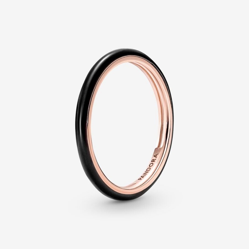 Rose Gold Plated Pandora ME Black Enamel Stackable Rings | FLHTPY-280