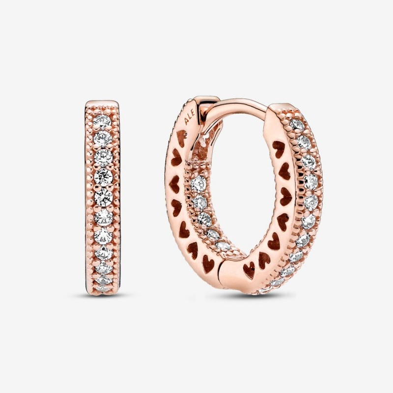 Rose Gold Plated Pandora Pavé Heart Hoop Earrings | YAEZIP-148