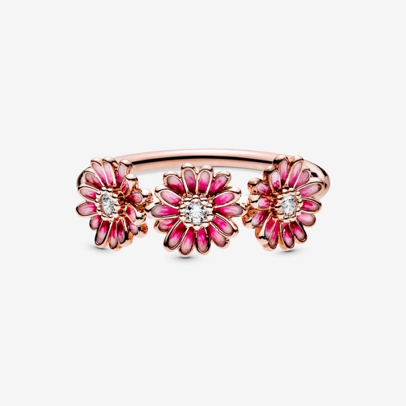 Rose Gold Plated Pandora Pink Daisy Flower Trio Statement Rings | KHBFVD-036