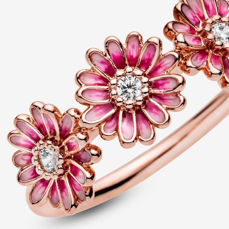 Rose Gold Plated Pandora Pink Daisy Flower Trio Statement Rings | KHBFVD-036