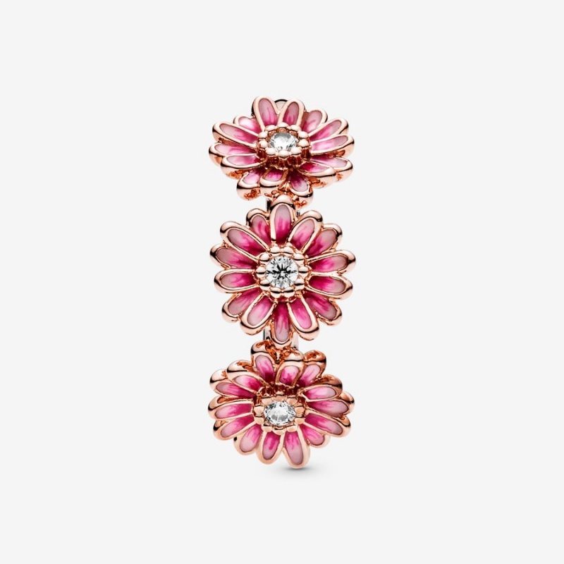 Rose Gold Plated Pandora Pink Daisy Flower Trio Statement Rings | KHBFVD-036