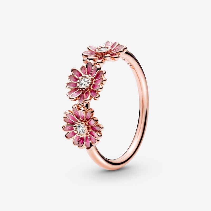 Rose Gold Plated Pandora Pink Daisy Flower Trio Statement Rings | KHBFVD-036