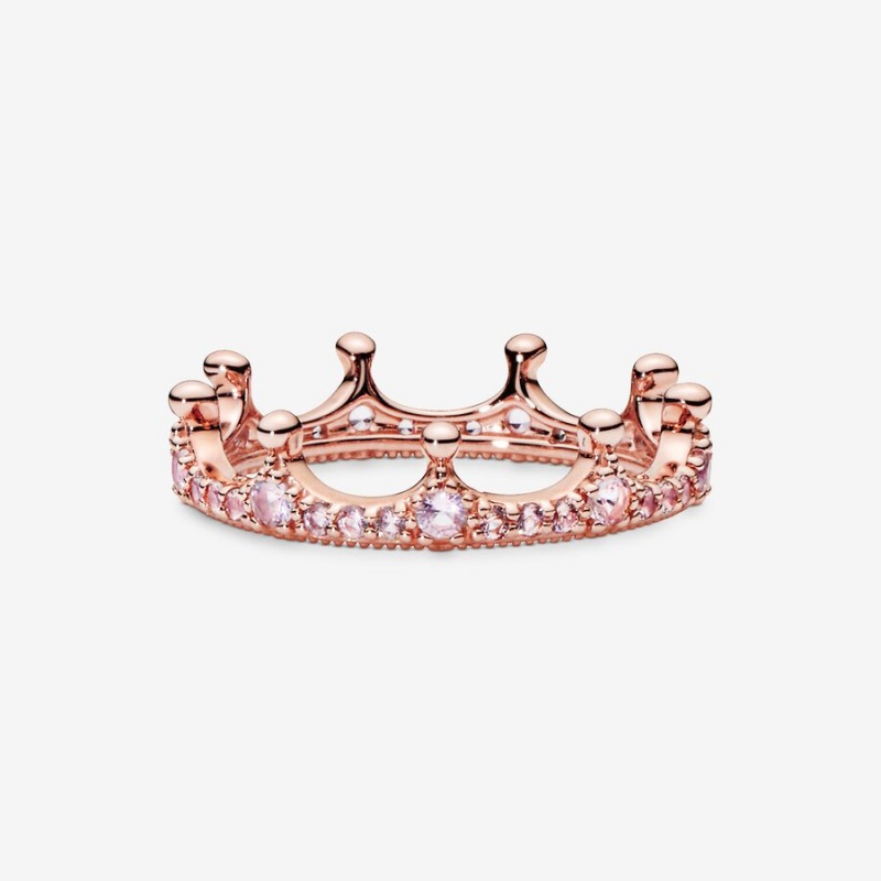 Rose Gold Plated Pandora Pink Sparkling Crown Stackable Rings | BJNHSU-235