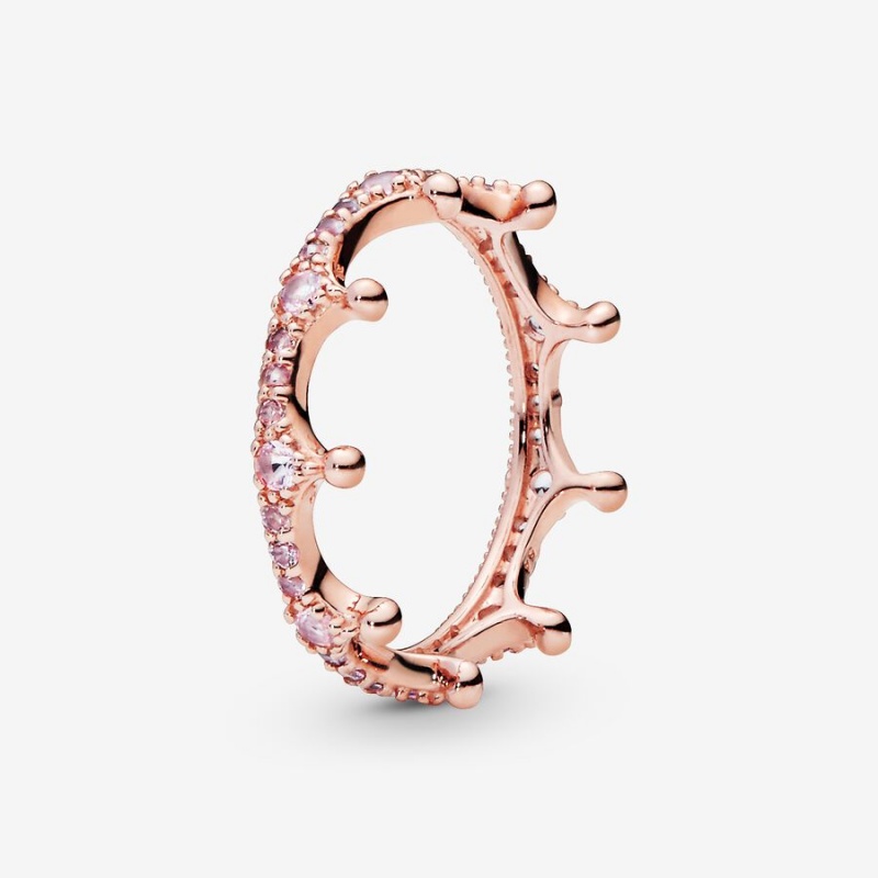 Rose Gold Plated Pandora Pink Sparkling Crown Stackable Rings | BJNHSU-235