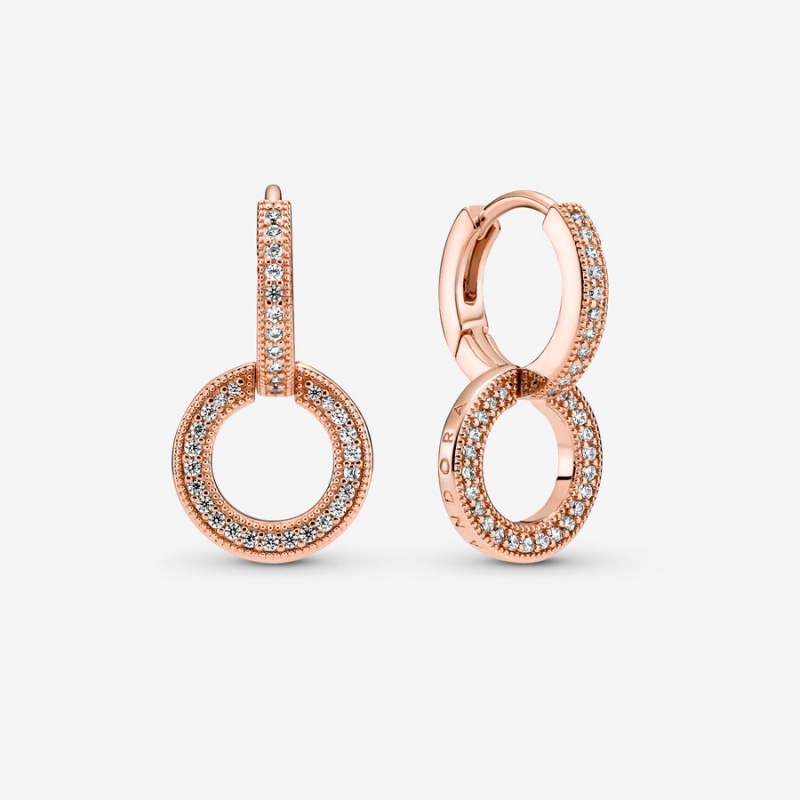 Rose Gold Plated Pandora Sparkling Double Hoop Earrings | ITQSNB-401