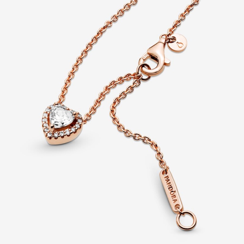 Rose Gold Plated Pandora Sparkling Heart Collier Pendant Necklaces | YSKDWR-213