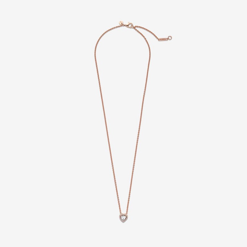 Rose Gold Plated Pandora Sparkling Heart Collier Pendant Necklaces | YSKDWR-213