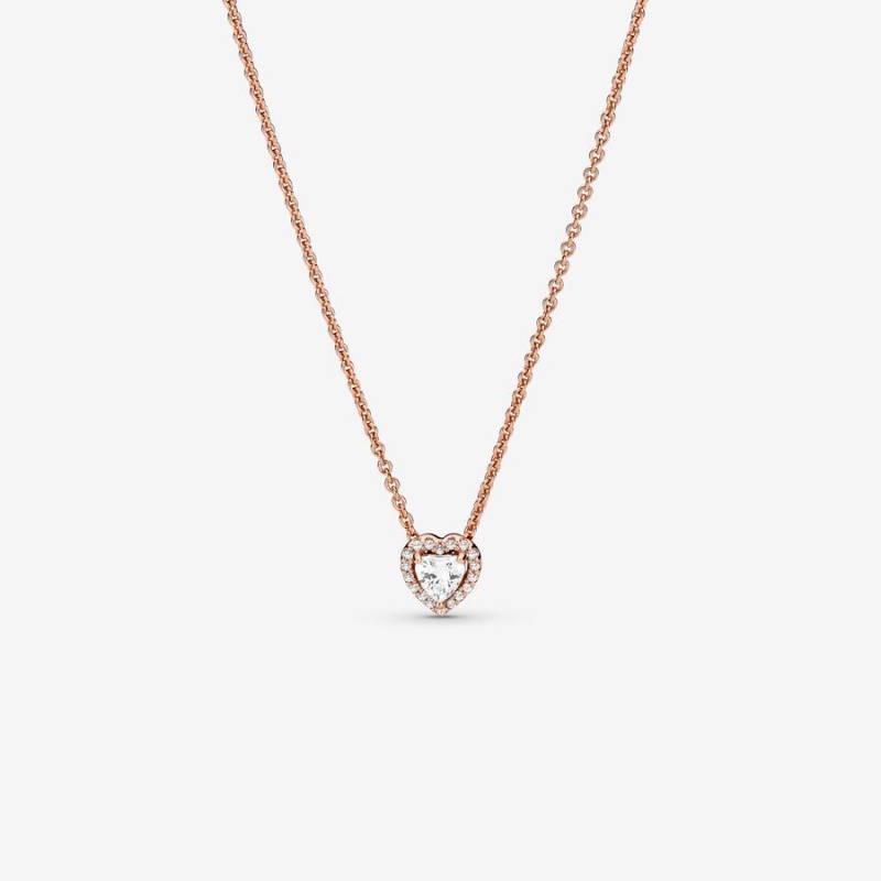 Rose Gold Plated Pandora Sparkling Heart Collier Pendant Necklaces | YSKDWR-213