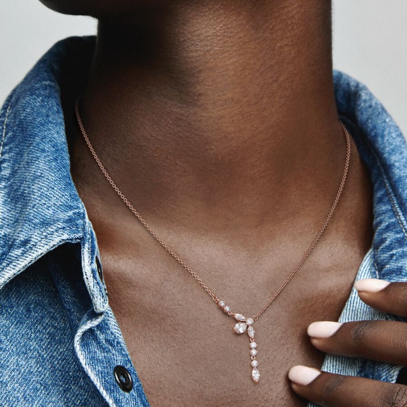 Rose Gold Plated Pandora Sparkling Herbarium Cluster Drop Collier Chain Necklaces | ROVCWG-592