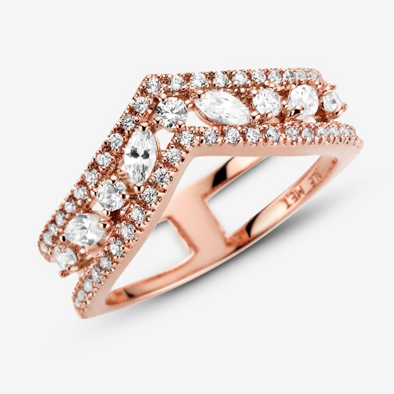 Rose Gold Plated Pandora Sparkling Marquise Double Wishbone Statement Rings | AXOGER-035