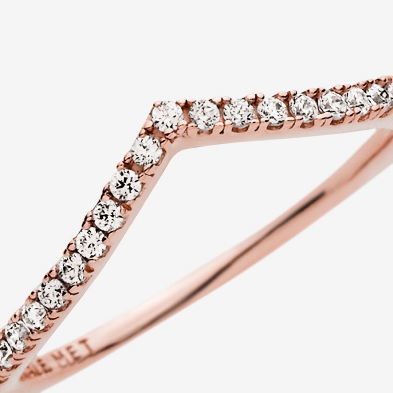 Rose Gold Plated Pandora Sparkling Wishbone Stackable Rings | YZHUBR-721