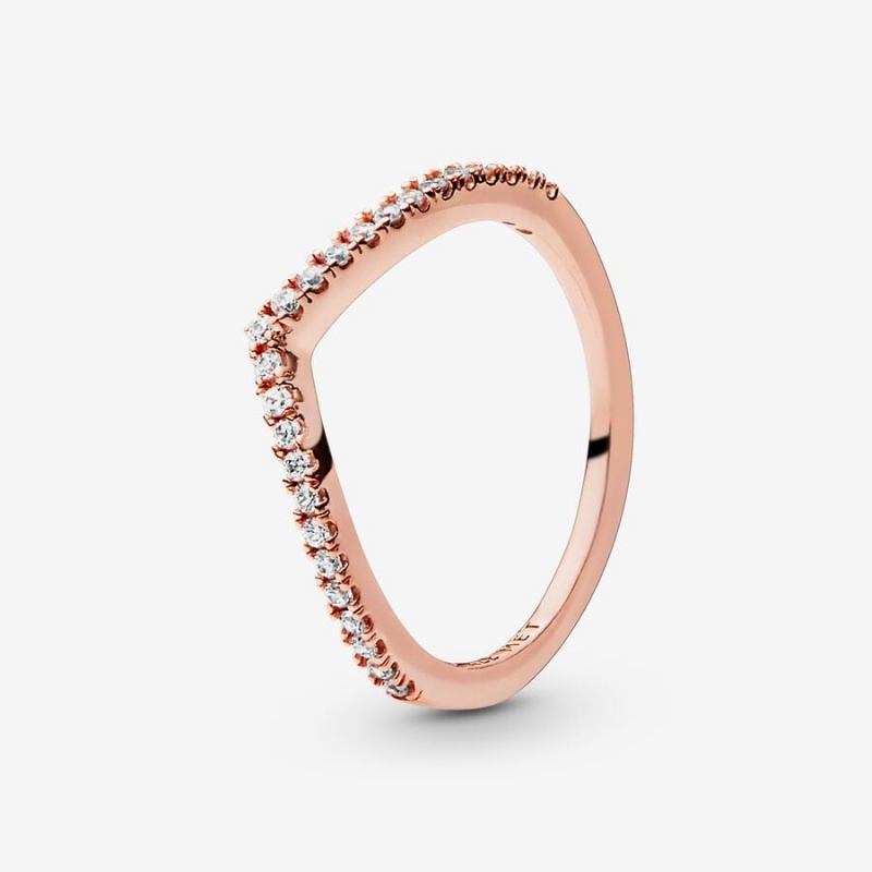 Rose Gold Plated Pandora Sparkling Wishbone Stackable Rings | YZHUBR-721