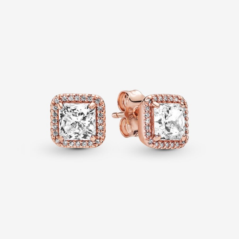 Rose Gold Plated Pandora Square Sparkle Halos Stud Earrings | OYCXUH-257