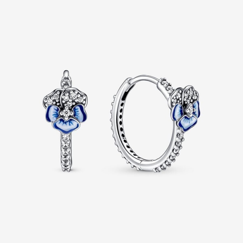 Sterling Silver Pandora Blue Pansy Flower Hoop Earrings | YNHQJD-981