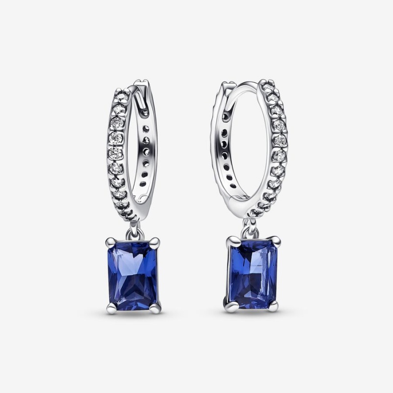 Sterling Silver Pandora Blue Rectangular Sparkling Hoop Earrings | OFDWNV-650