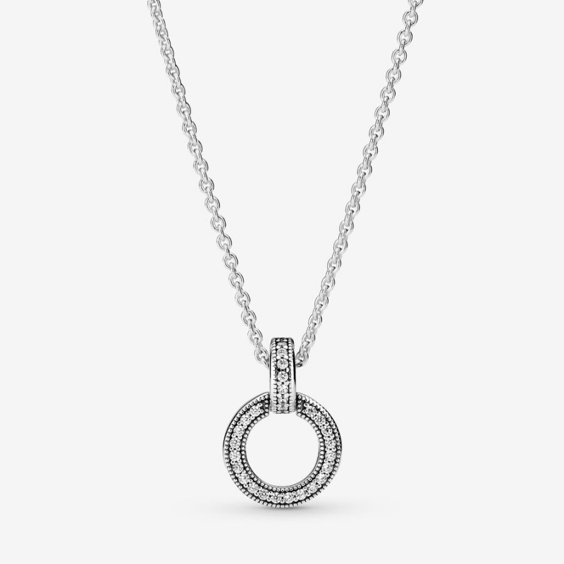 Sterling Silver Pandora Double Circle Pendant Necklaces | LWMIFS-674