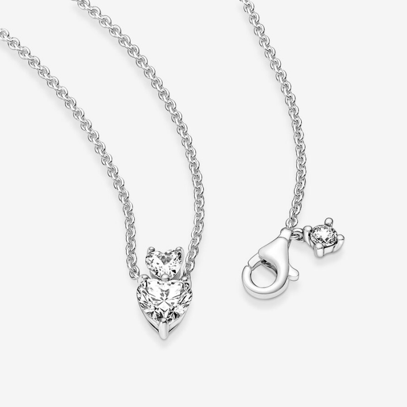 Sterling Silver Pandora Double Heart Sparkling Collier Pendant Necklaces | MUCTHI-735